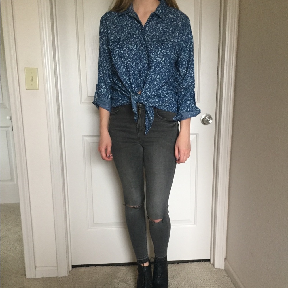 Button Up Floral Denim Shirt